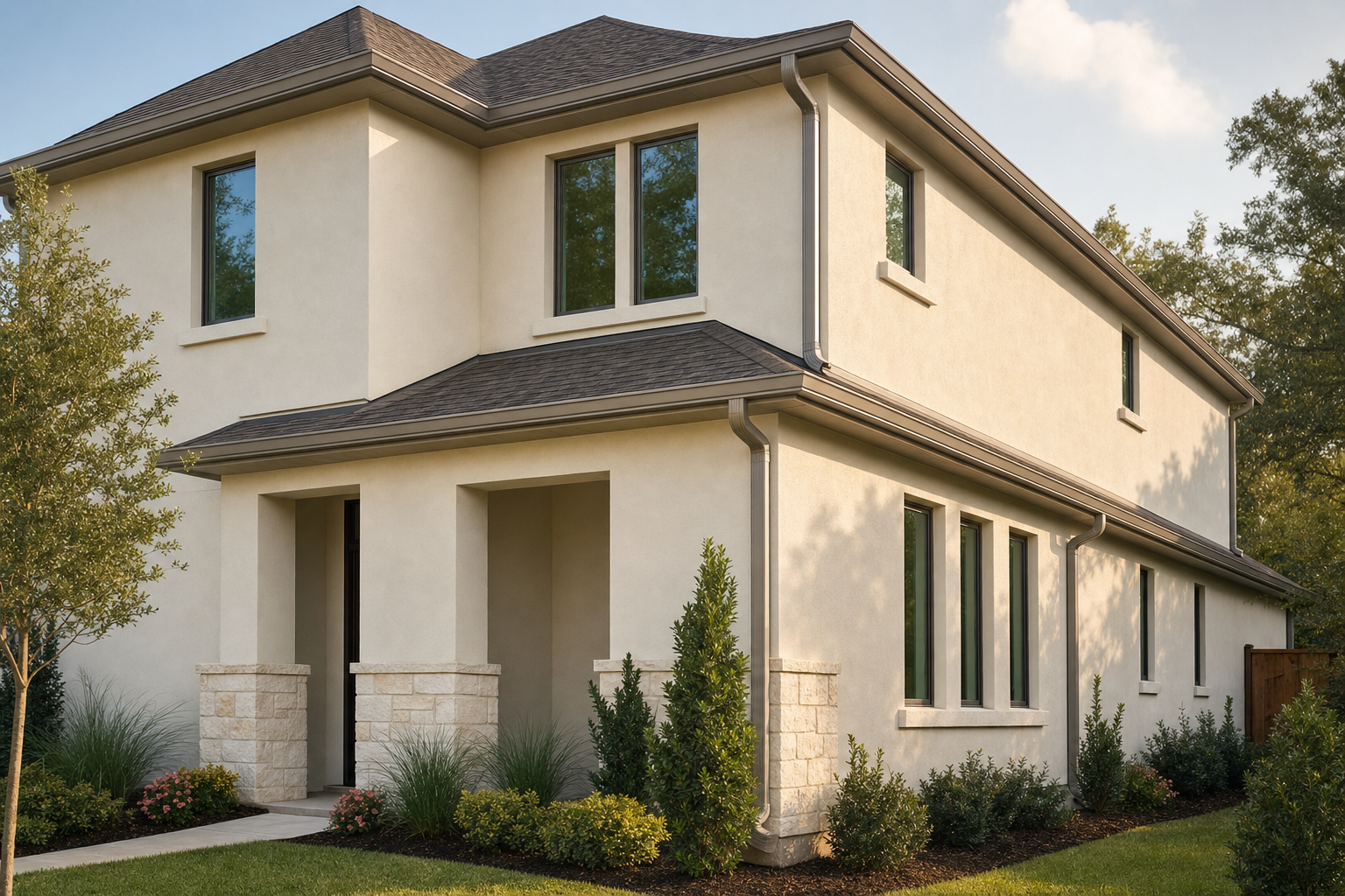 Two-story stucco Houston home with 6-inch K-style aluminum gutters and 3x4 rectangular downspouts