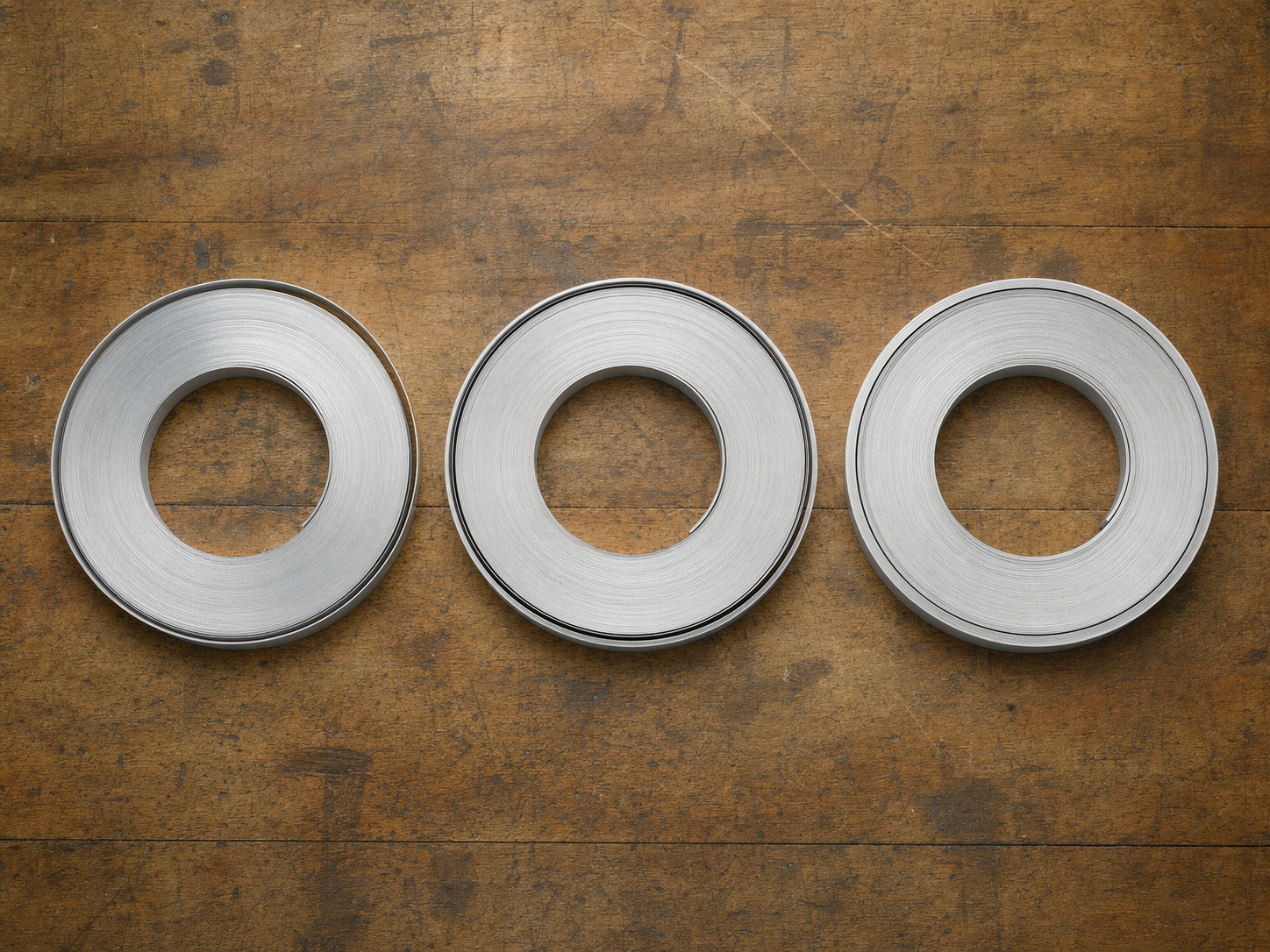 Overhead flat-lay of three coils of aluminum gutter stock in .027 .032 and .040 thicknesses on a workbench