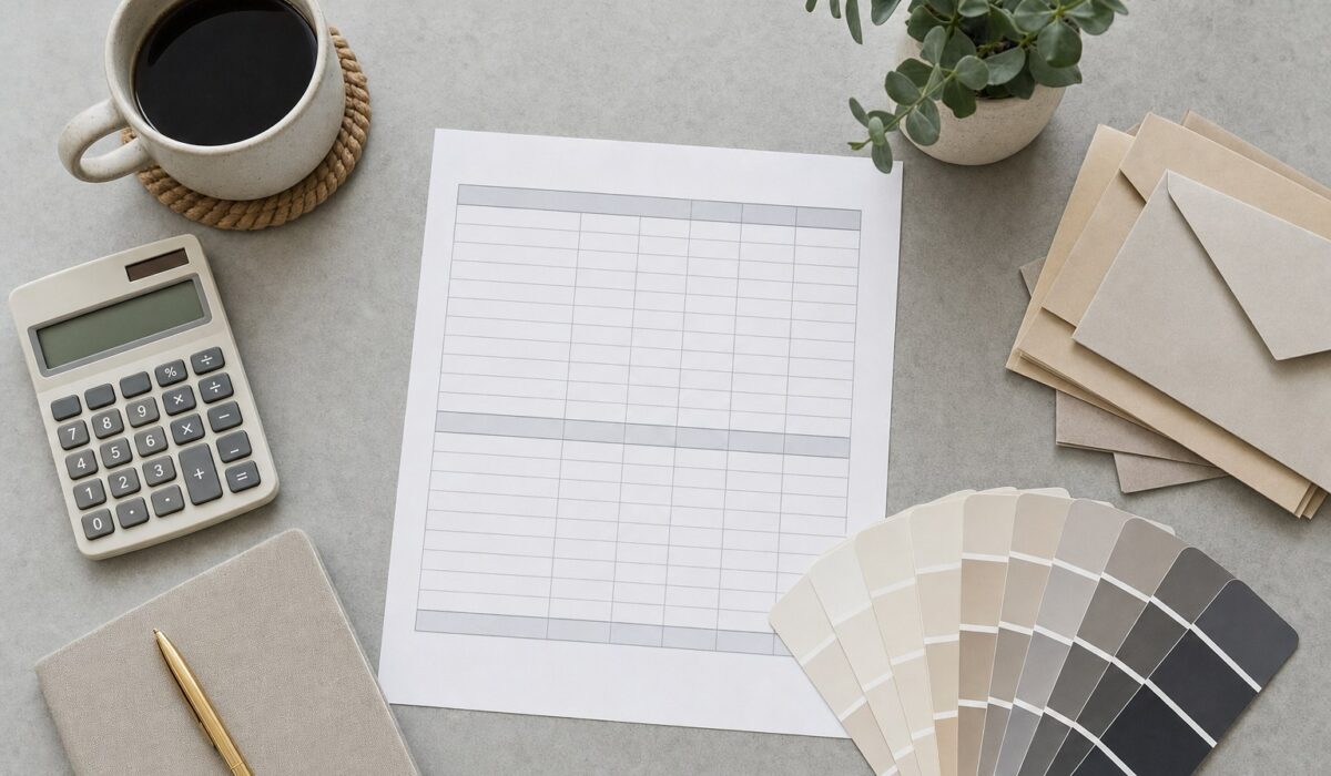 Houston homeowner budget planning workspace with spreadsheet, calculator, and paint chip fan