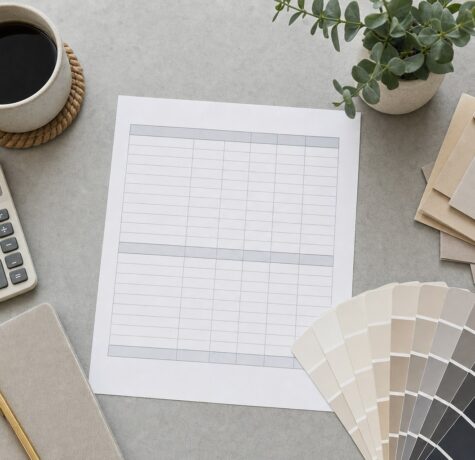 Houston homeowner budget planning workspace with spreadsheet, calculator, and paint chip fan