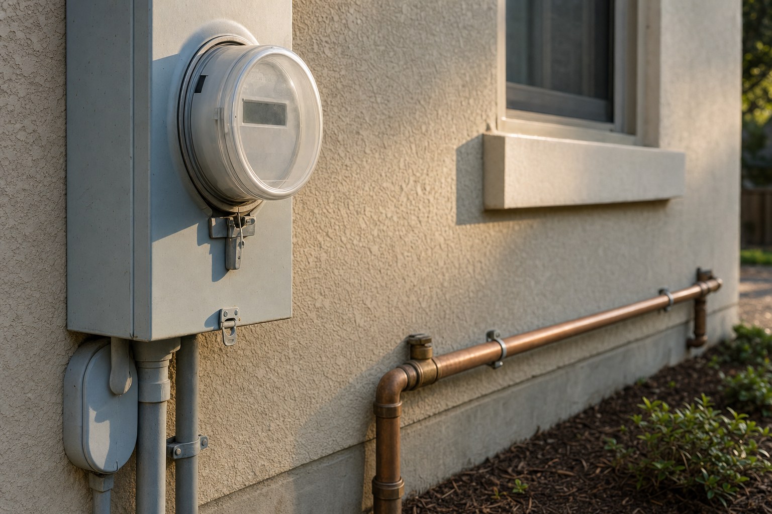 Residential electric meter on a Houston stucco home
