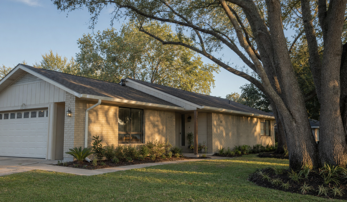 Houston home exterior in late September with mature oak canopy and visible shingle roof line
