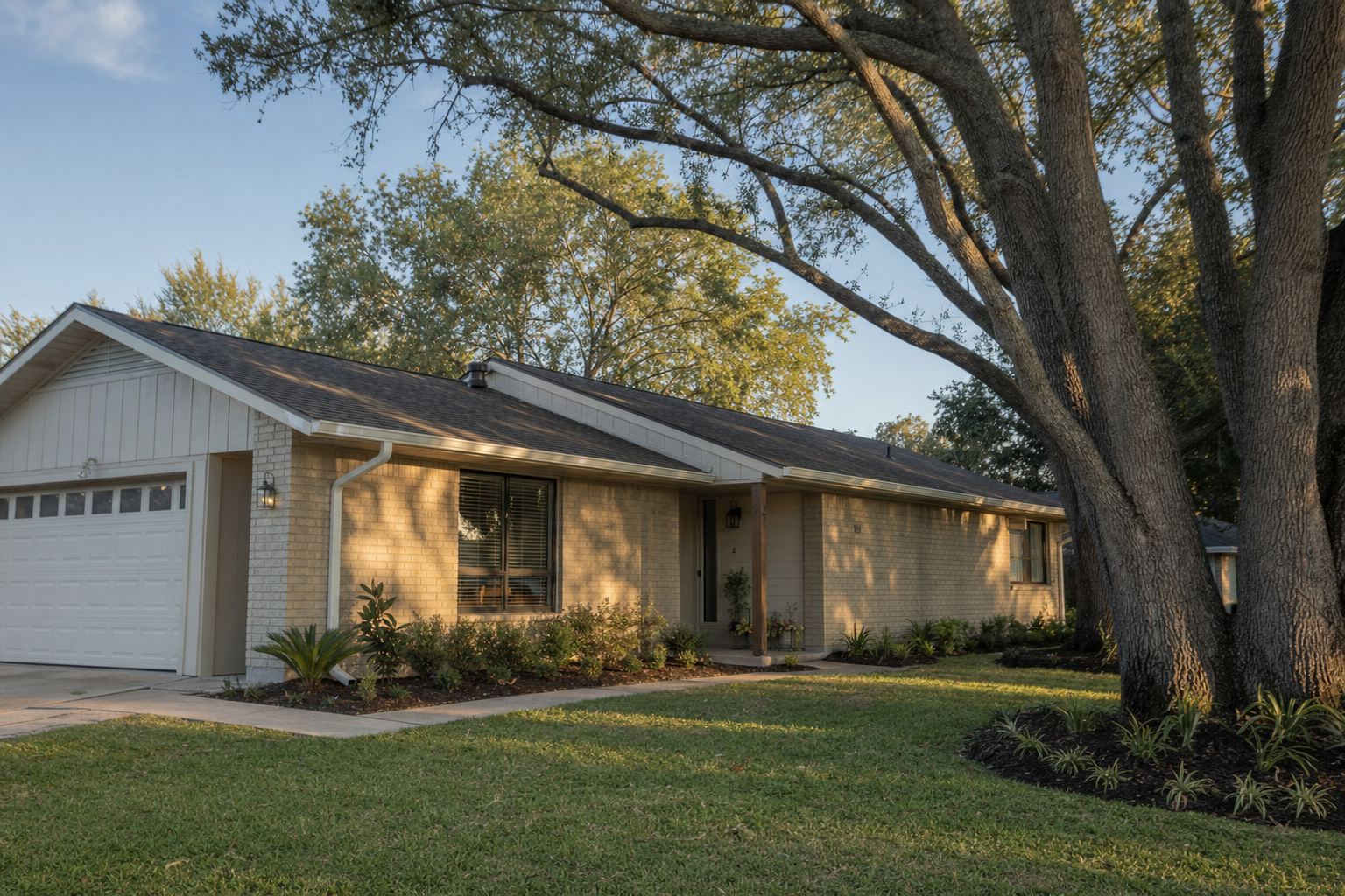 Houston home exterior in late September with mature oak canopy and visible shingle roof line