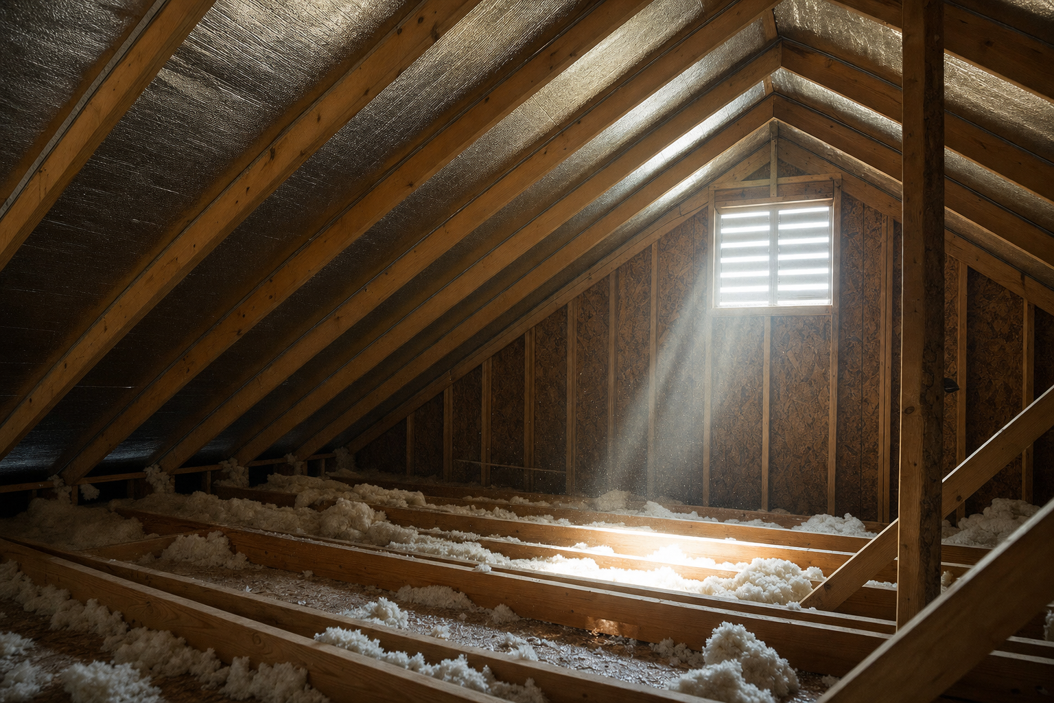 Houston attic interior with radiant barrier decking and gable vent light