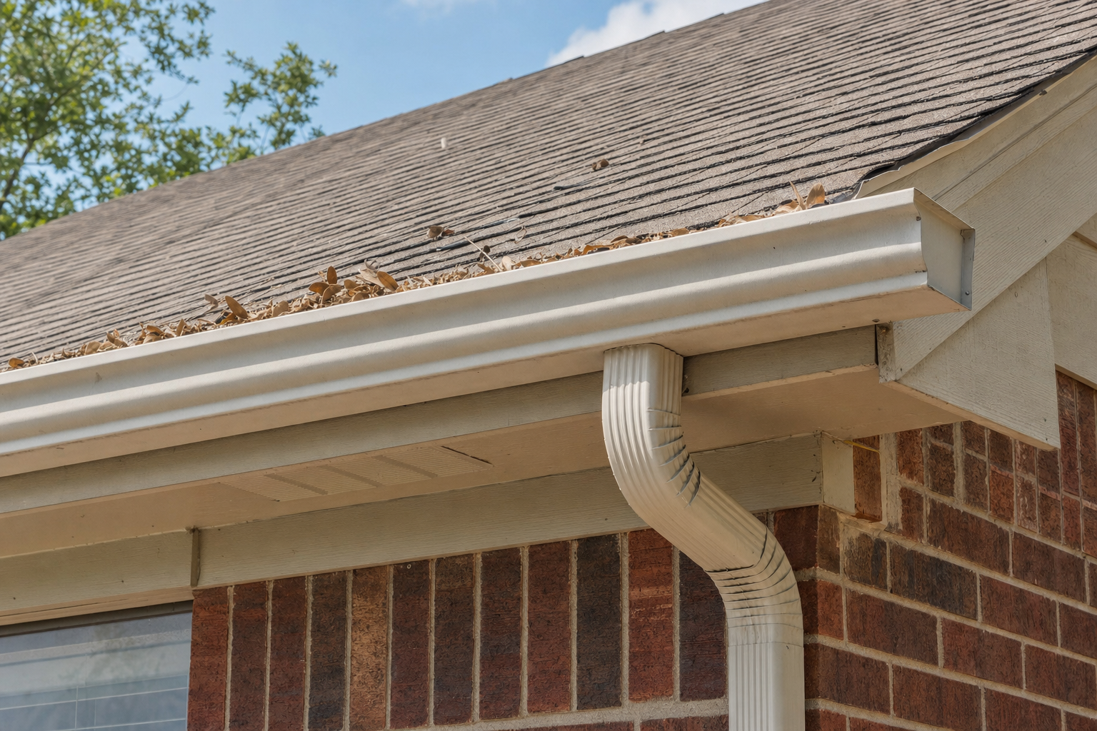 Houston brick house aluminum gutter and downspout with dry leaves in the trough