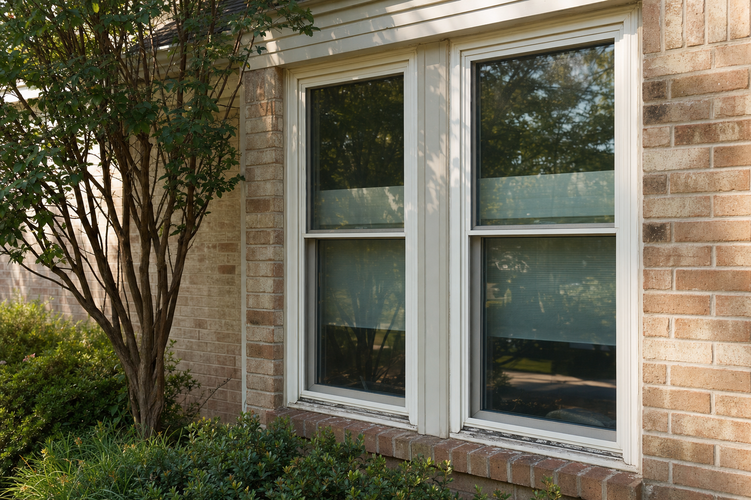 Houston brick house double-hung windows in warm late-summer light