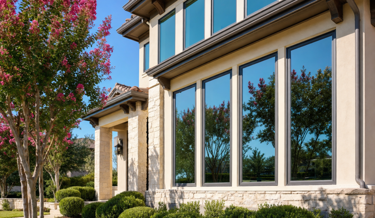 Modern two-story Houston home with insulated glass windows showing subtle low-e blue-green reflection under direct sun