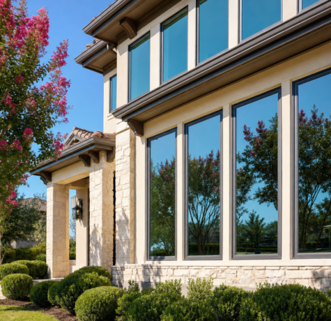 Modern two-story Houston home with insulated glass windows showing subtle low-e blue-green reflection under direct sun