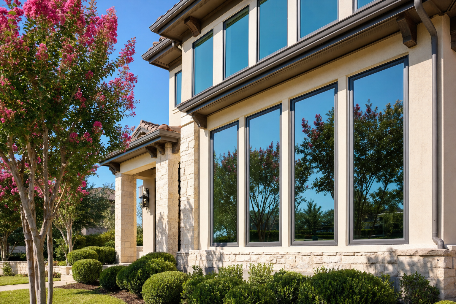Modern two-story Houston home with insulated glass windows showing subtle low-e blue-green reflection under direct sun