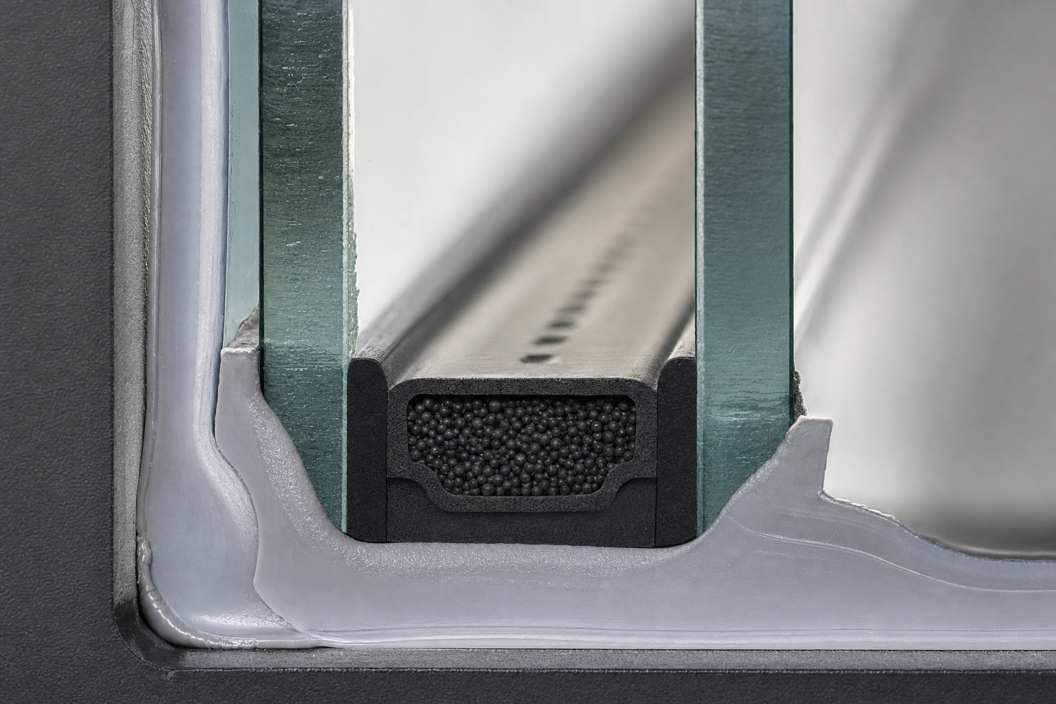 Cross-section macro of a residential insulated glass unit showing dual panes, warm-edge foam spacer with black desiccant channel, and perimeter sealant