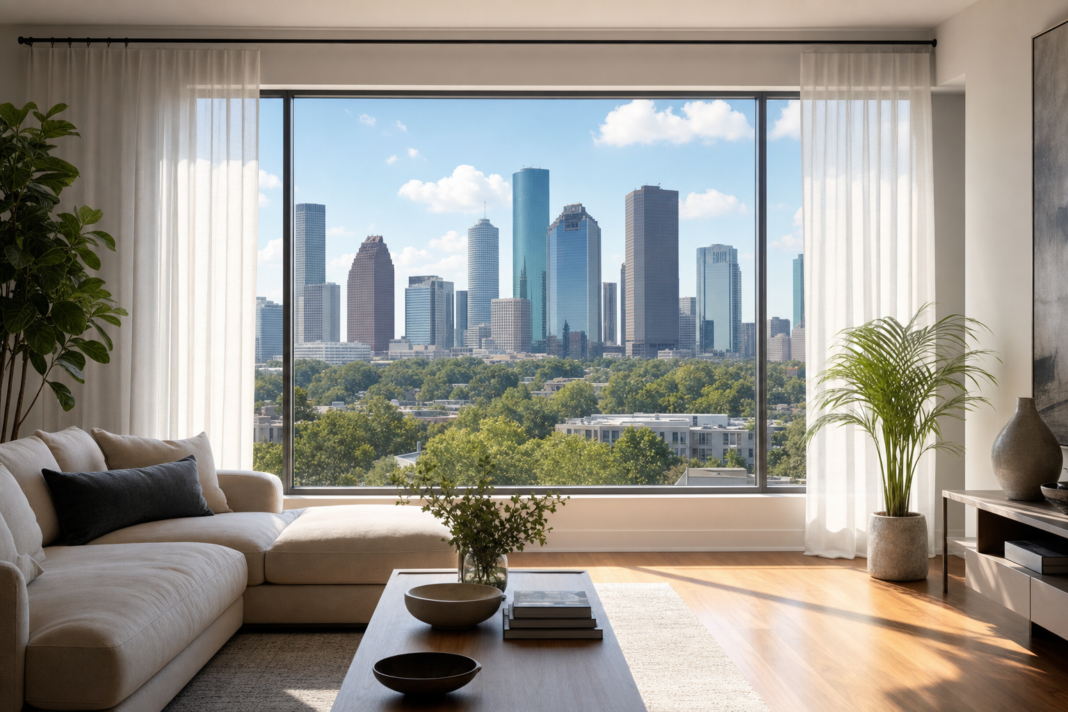 Bright Houston living room with cool comfortable daylight coming through a large low-e picture window overlooking downtown Houston