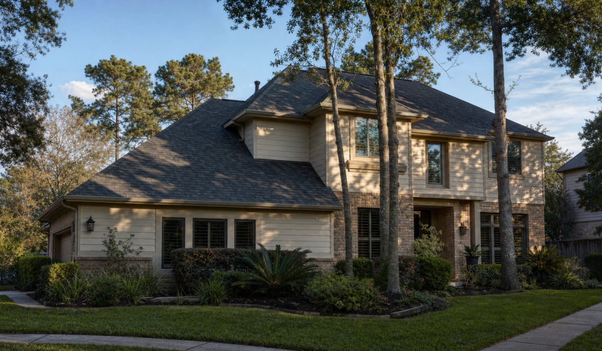 Well-installed asphalt shingle roof on a Houston suburban home viewed from the street
