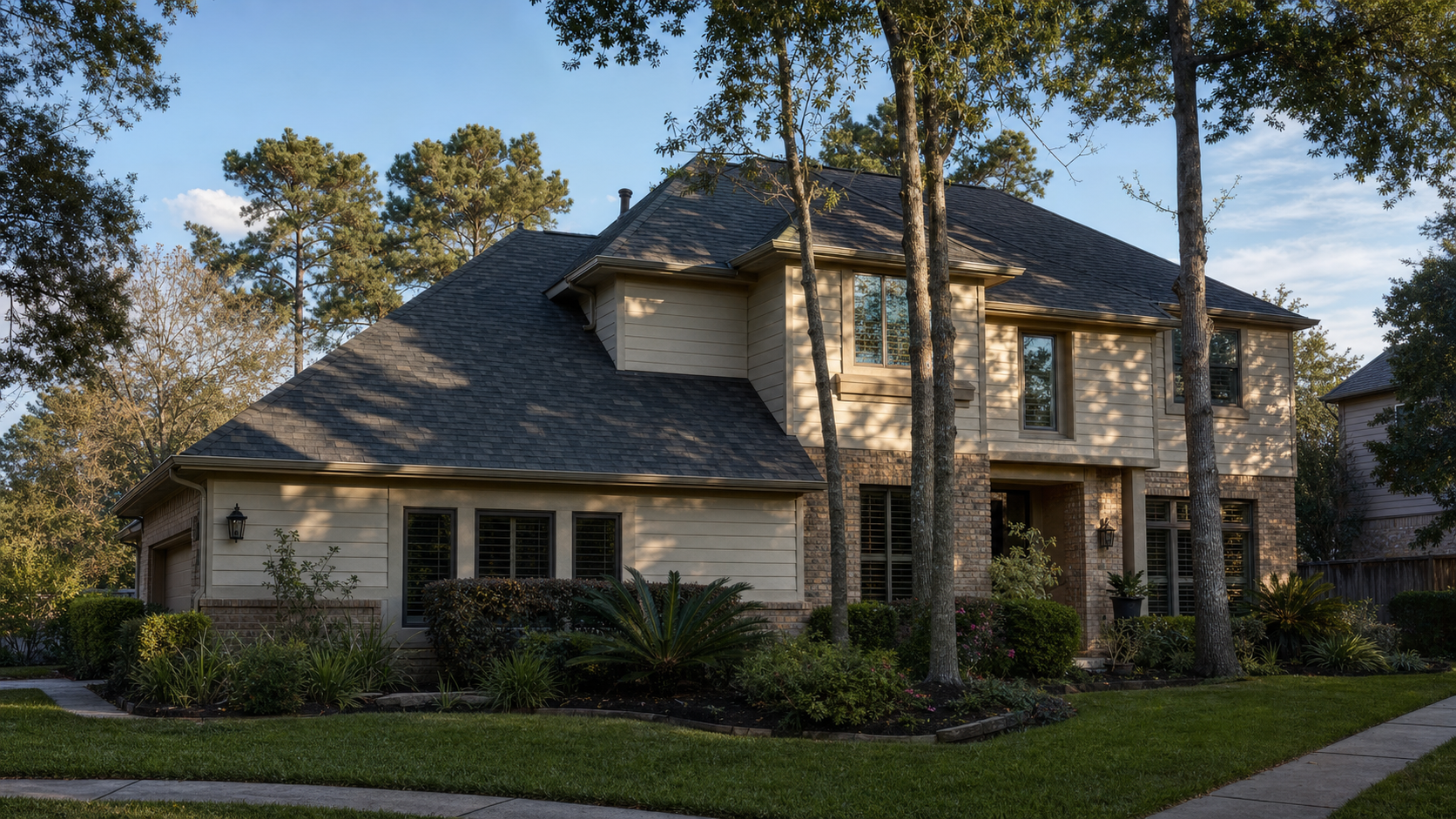 Well-installed asphalt shingle roof on a Houston suburban home viewed from the street