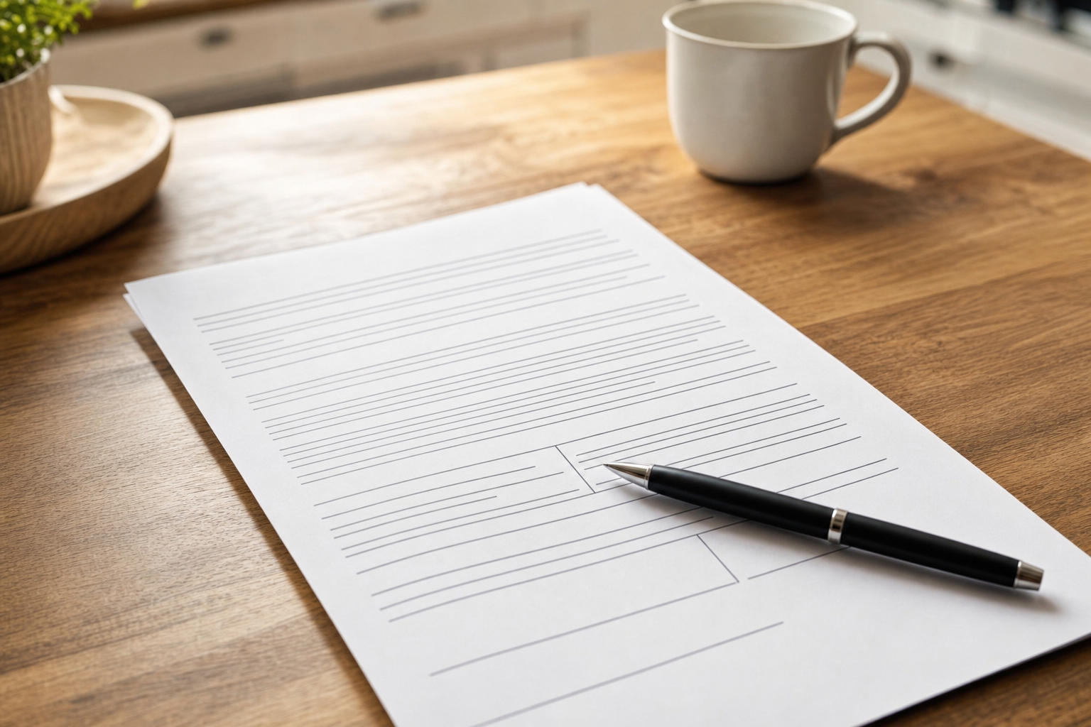 Unsigned home improvement contract with pen on a kitchen table, ready for homeowner review