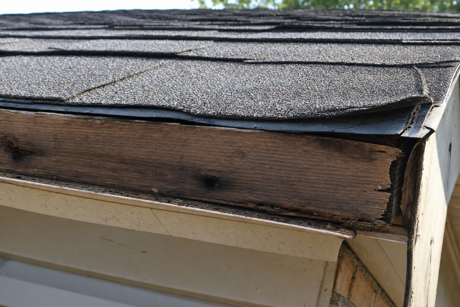 Aged Houston roof edge showing a missing drip edge and exposed fascia wood