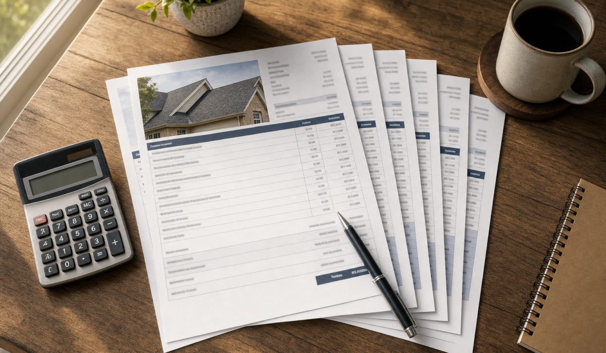 Overhead view of a printed Houston roofing estimate with multiple pages, calculator, and pen — the layout Houston homeowners should expect from a complete bid