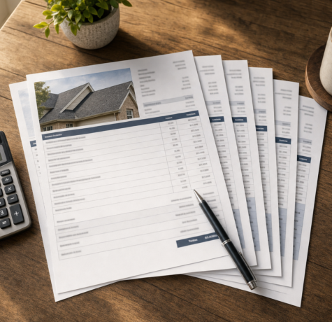 Overhead view of a printed Houston roofing estimate with multiple pages, calculator, and pen — the layout Houston homeowners should expect from a complete bid