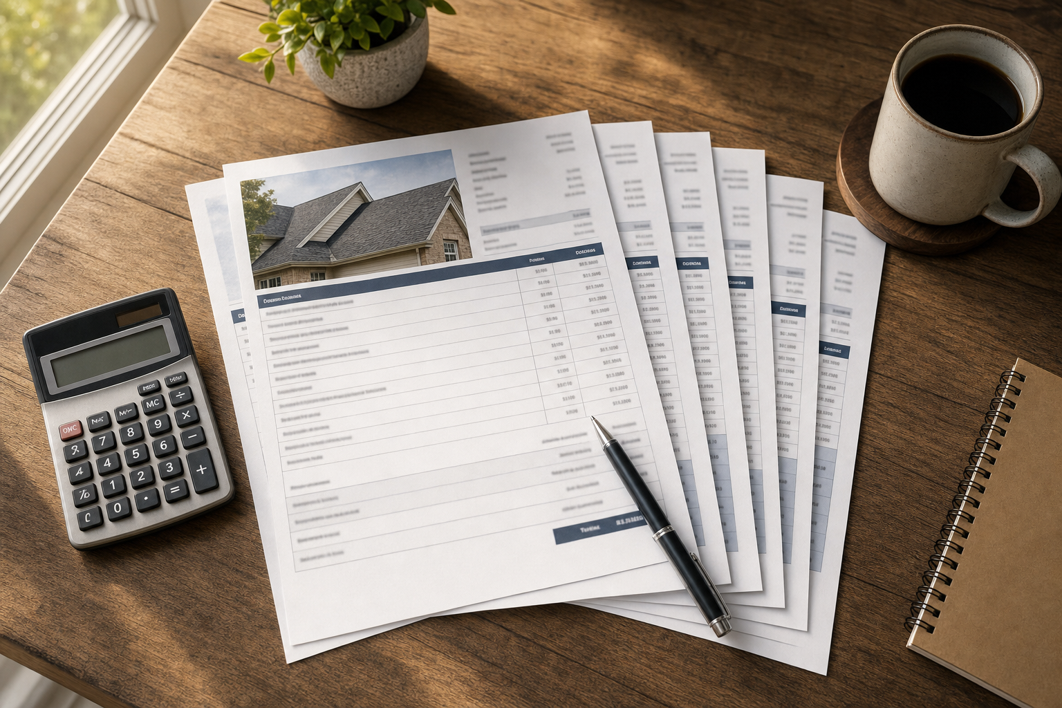 Overhead view of a printed Houston roofing estimate with multiple pages, calculator, and pen — the layout Houston homeowners should expect from a complete bid