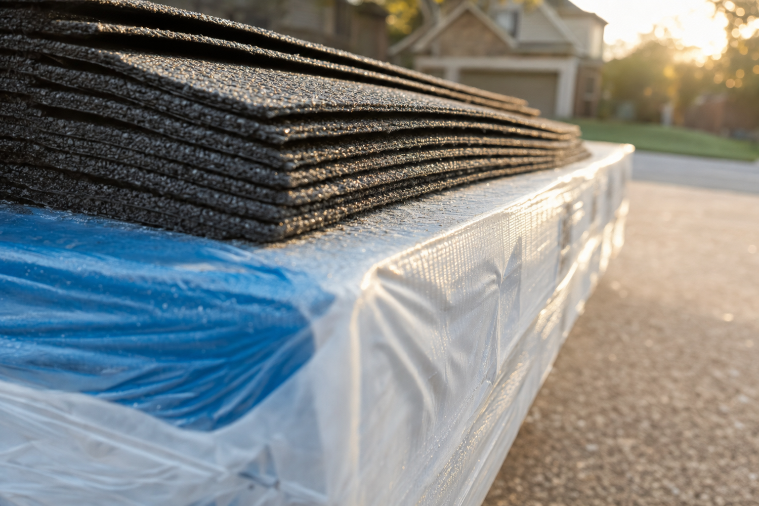 Close-up of an asphalt architectural shingle bundle on a Houston driveway — the material specification line that should appear by brand and product on every estimate