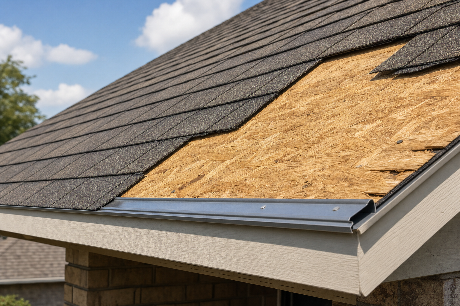 Houston roof edge with shingles peeled back showing OSB roof decking and a metal drip edge — the deck allowance and drip edge line items in a roofing estimate
