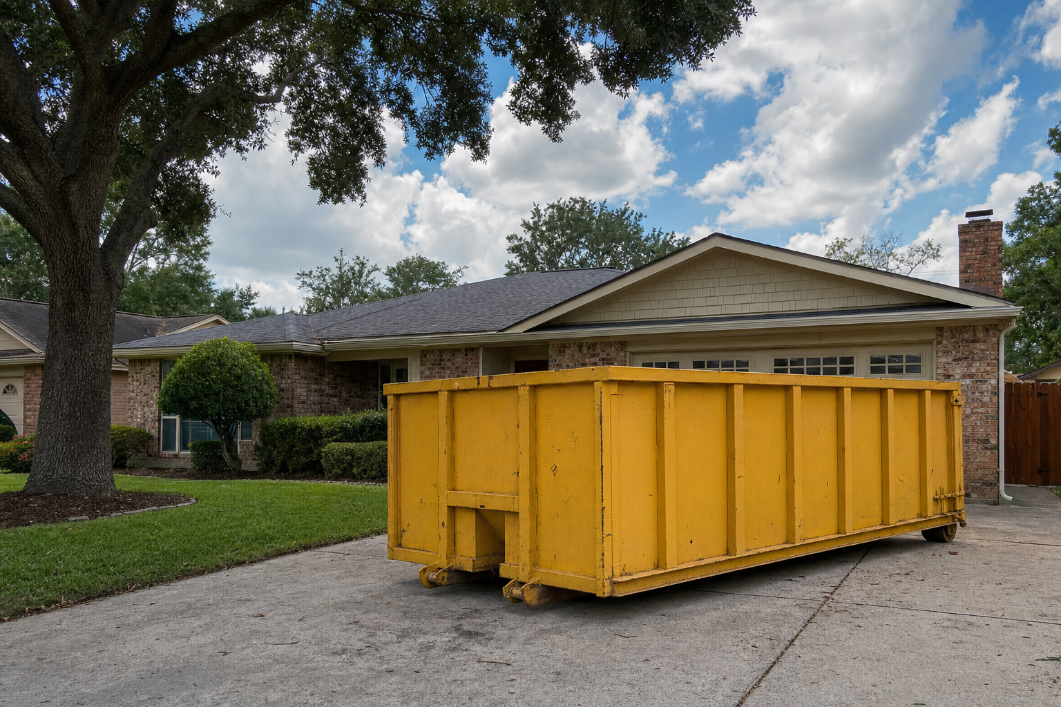 Yellow roll-off dumpster in a Houston driveway during a residential roof replacement — the tear-off and disposal line item on a Houston roofing estimate