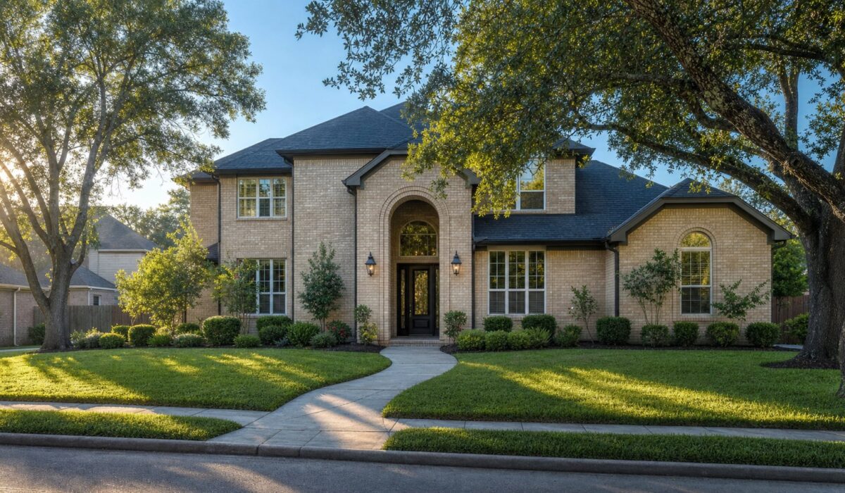 Two-story Houston brick home at early September golden hour with mature live oak canopy