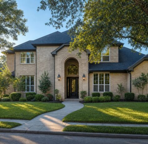 Two-story Houston brick home at early September golden hour with mature live oak canopy