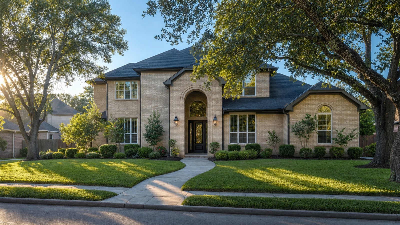 Two-story Houston brick home at early September golden hour with mature live oak canopy