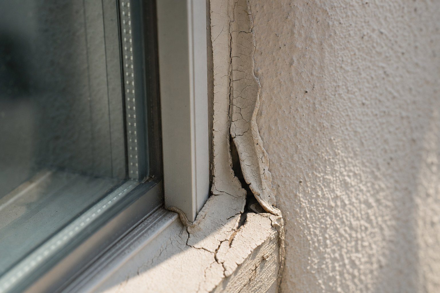 Cracked and sun-damaged exterior caulk sealant pulling away from Houston window frame
