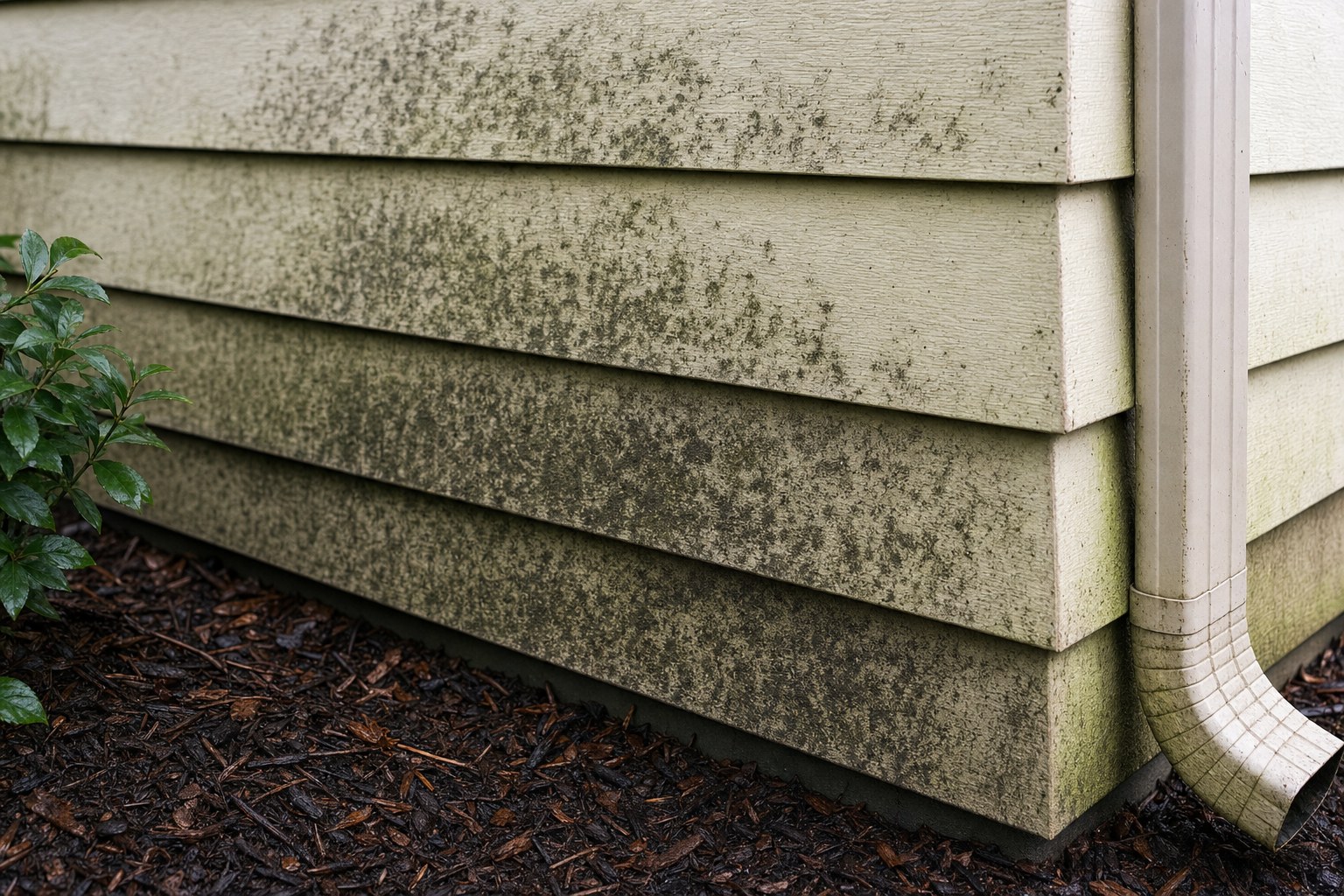 Green and black mildew growth on shaded fiber-cement siding beside downspout on Houston home