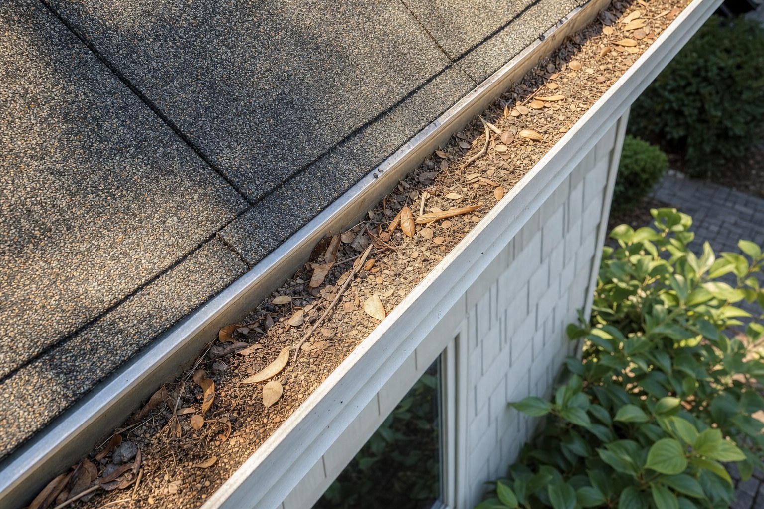Aluminum residential gutter holding accumulated summer debris and roofing granules before fall leaf drop