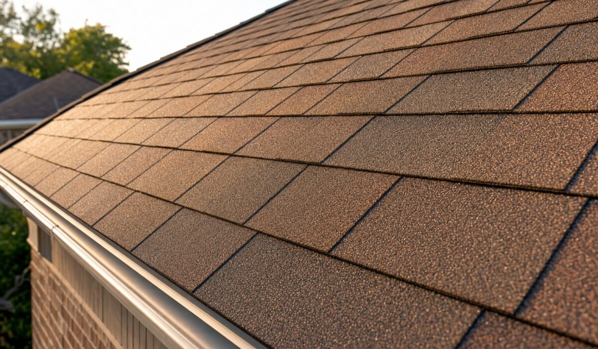 Close-up of a newly installed architectural asphalt shingle roof on a Houston home in morning light