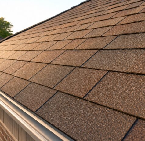 Close-up of a newly installed architectural asphalt shingle roof on a Houston home in morning light