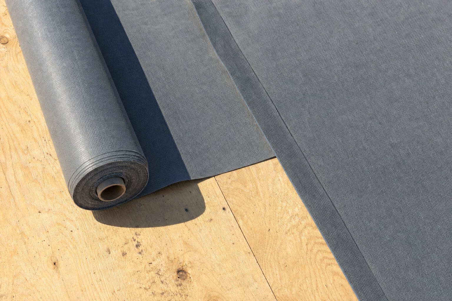 Synthetic roofing underlayment on plywood decking