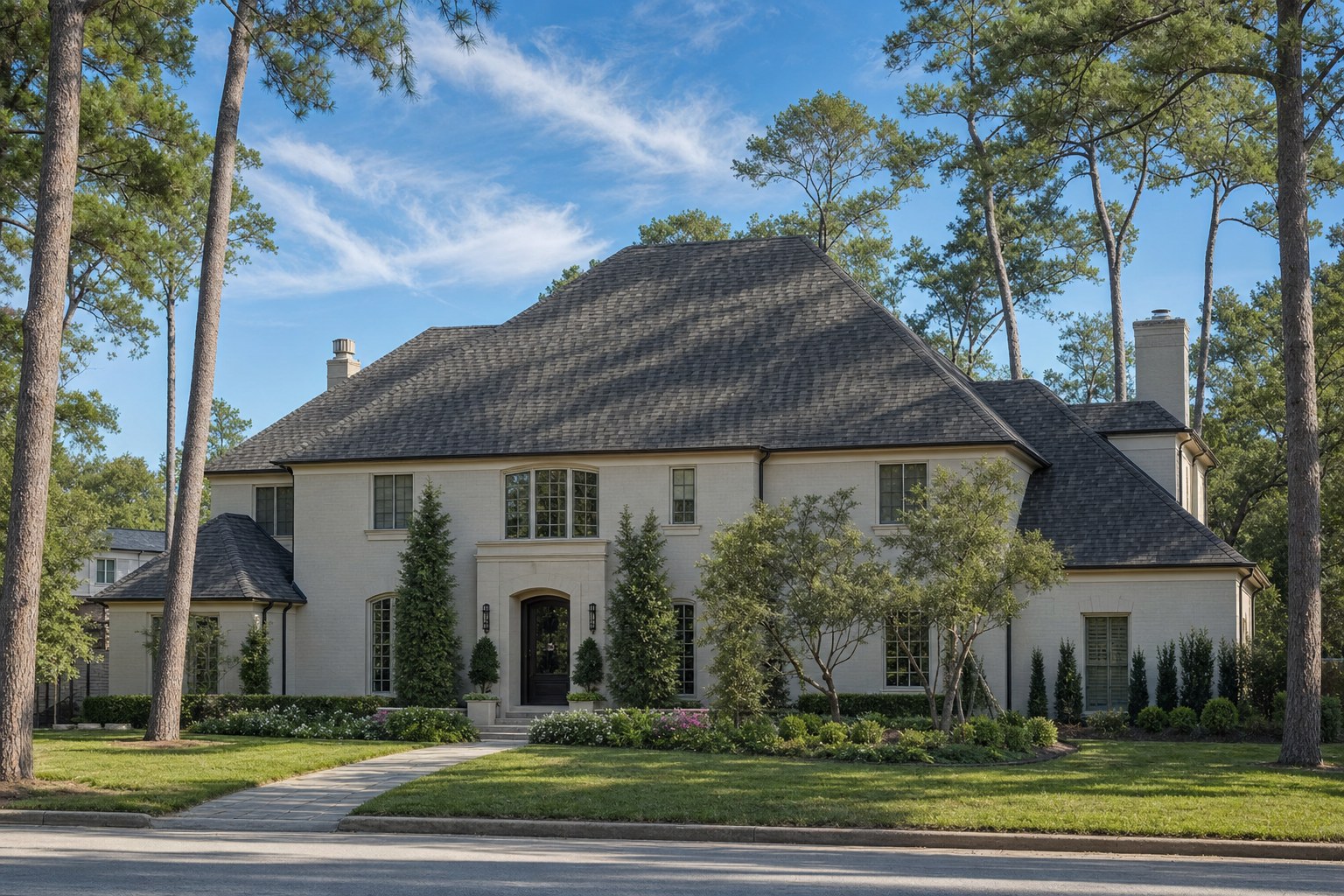 Two-story Houston home with a steep hip roof