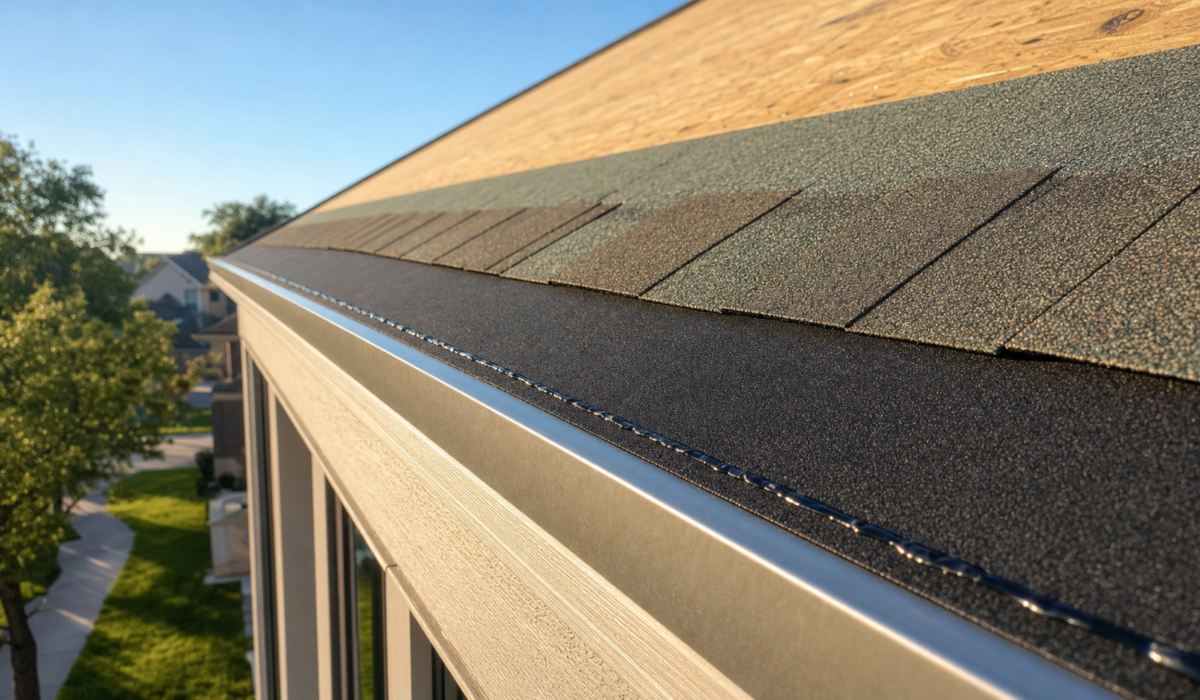 Houston roof eave under installation showing drip edge and continuous black starter strip shingle course with sealant bead beneath the first course of architectural shingles