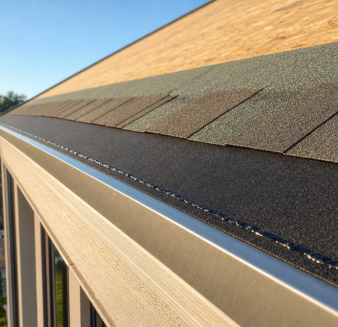 Houston roof eave under installation showing drip edge and continuous black starter strip shingle course with sealant bead beneath the first course of architectural shingles