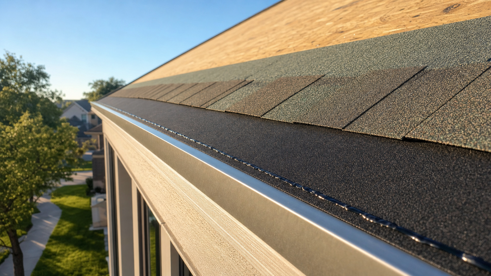 Houston roof eave under installation showing drip edge and continuous black starter strip shingle course with sealant bead beneath the first course of architectural shingles