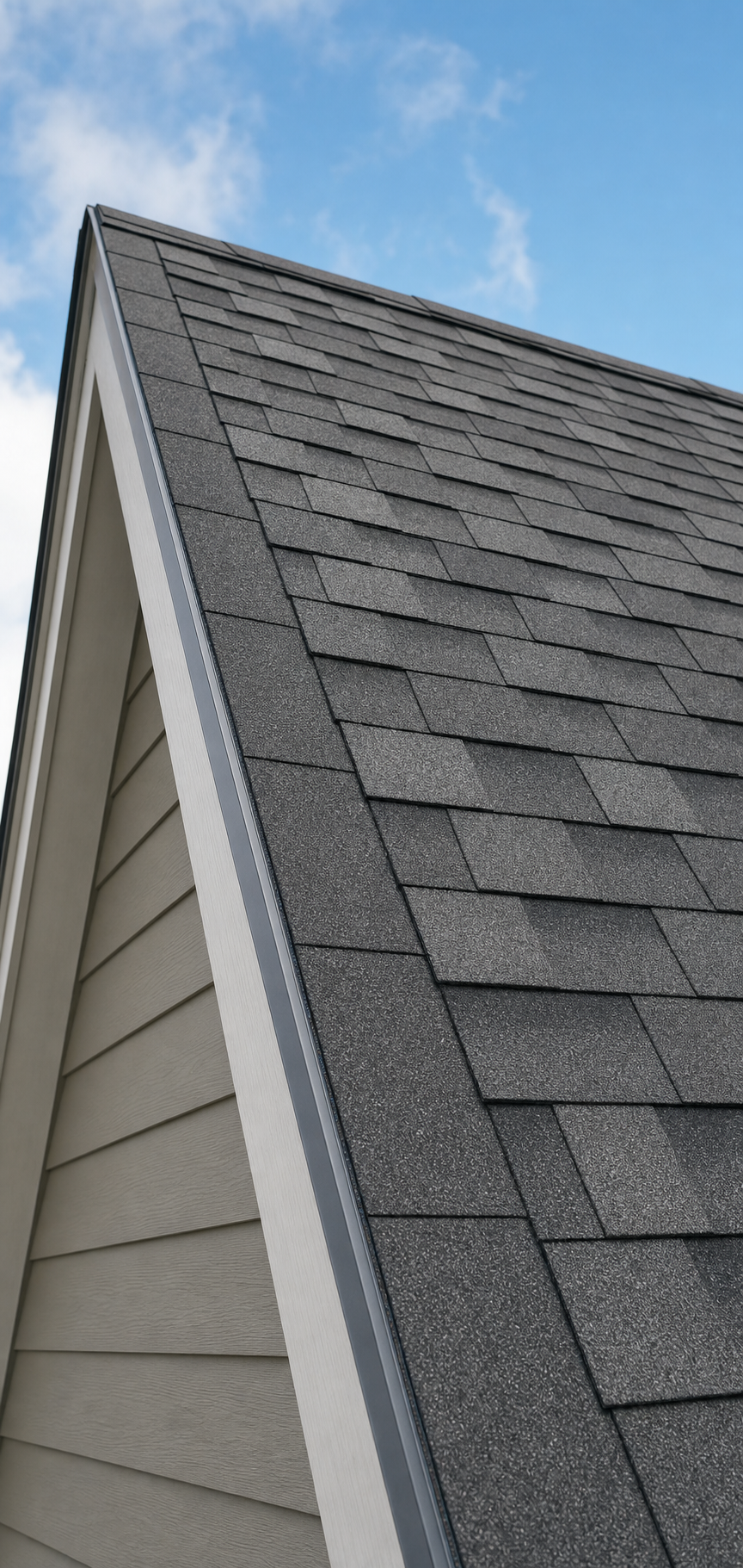 Rake edge of a Houston asphalt shingle roof with drip edge flashing and a continuous starter strip installed along the rake to prevent wind uplift