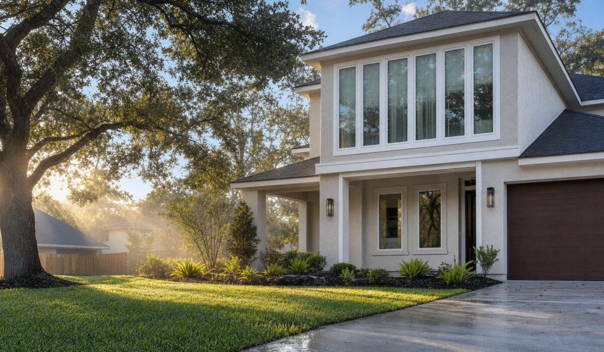 Houston two-story home with tall bank of energy efficient vinyl windows in morning humidity