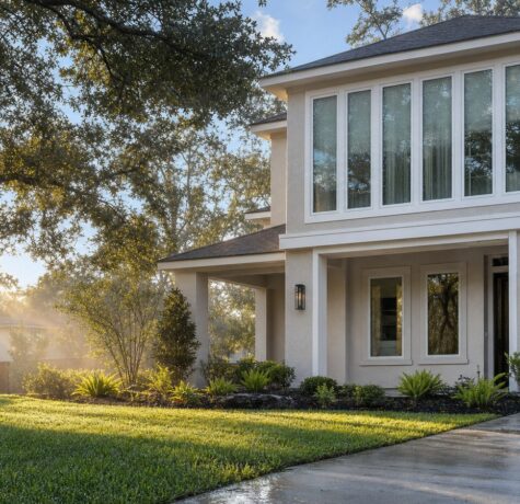 Houston two-story home with tall bank of energy efficient vinyl windows in morning humidity