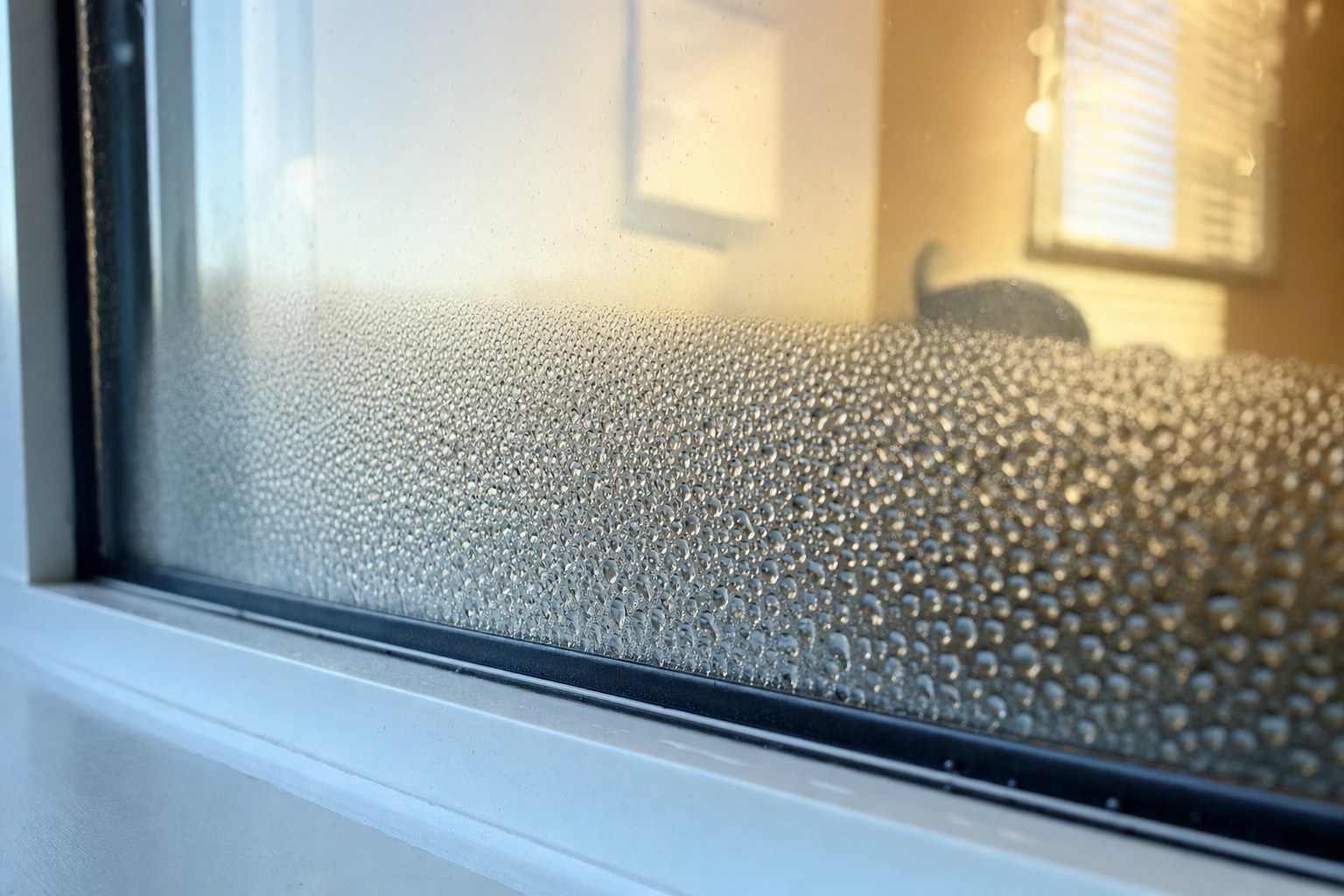 Interior condensation droplets beading on lower half of Houston home window glass in summer humidity
