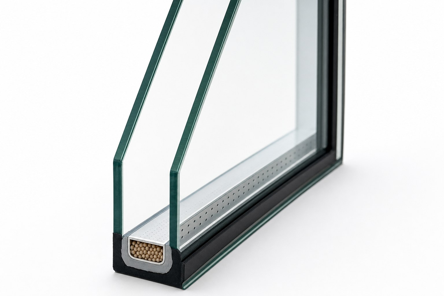 Cutaway of double-pane insulated glass unit showing spacer bar, dessicant, and argon fill between panes