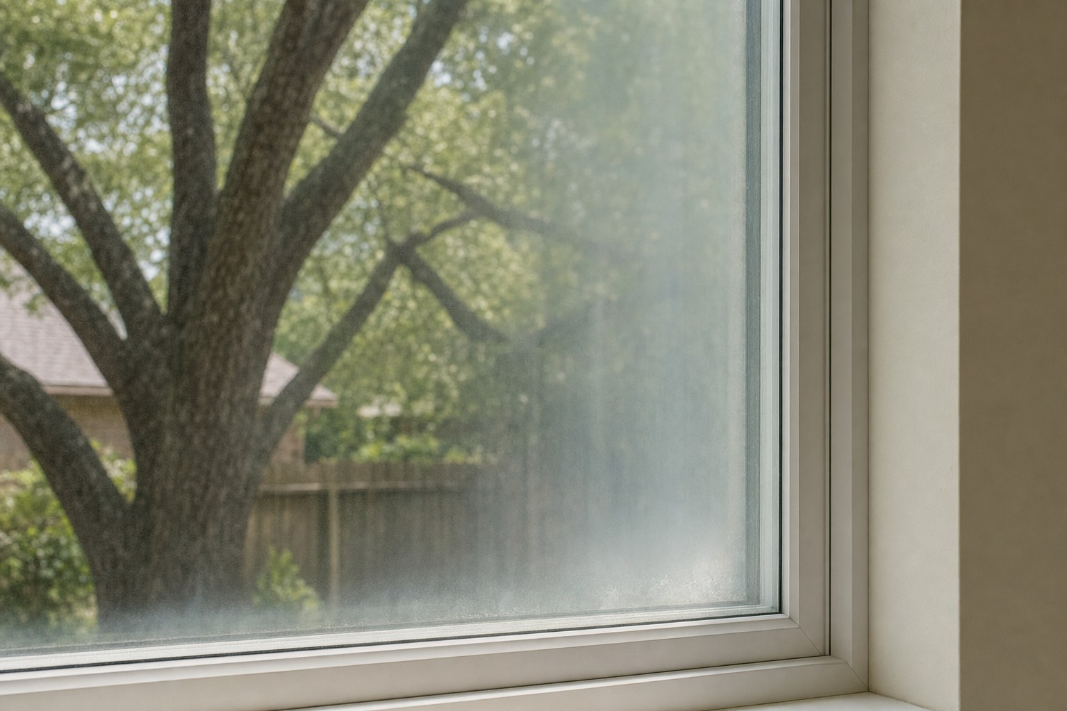 Failed insulated glass unit with fog trapped between the panes of a Houston home window