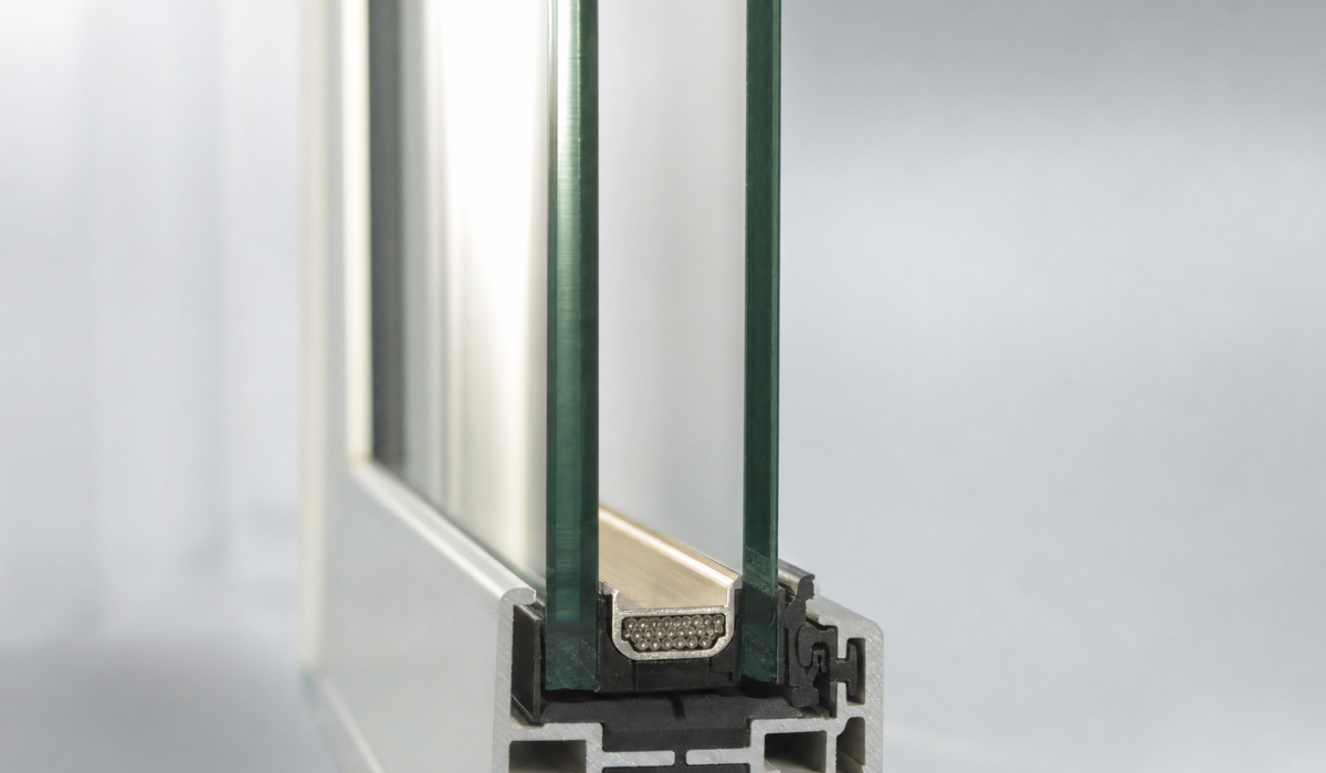 Cross section of a modern double-pane insulated glass unit showing warm-edge spacer bar and sealed cavity for a Houston triple pane vs double pane windows heat climate comparison