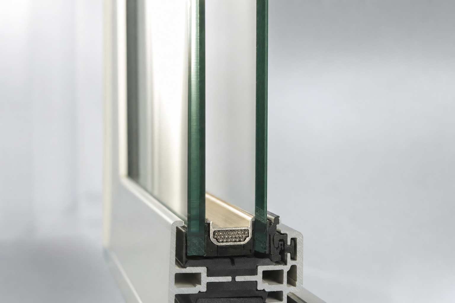 Cross section of a modern double-pane insulated glass unit showing warm-edge spacer bar and sealed cavity for a Houston triple pane vs double pane windows heat climate comparison