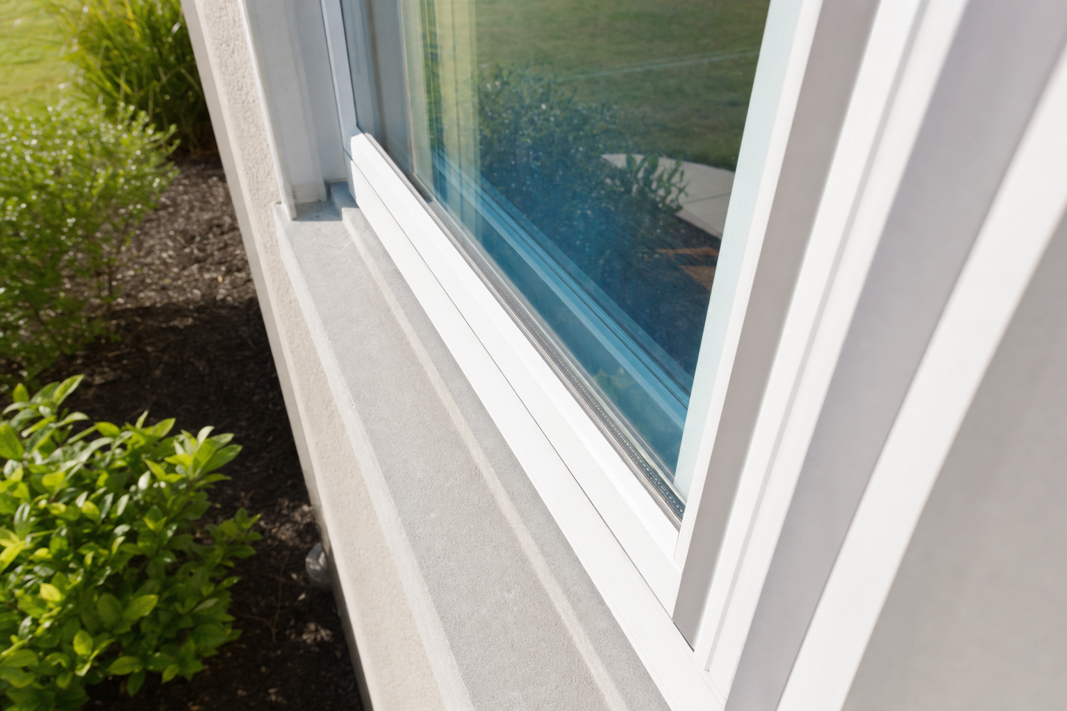 Residential vinyl window frame sill with subtle Low-E glass coating catching light