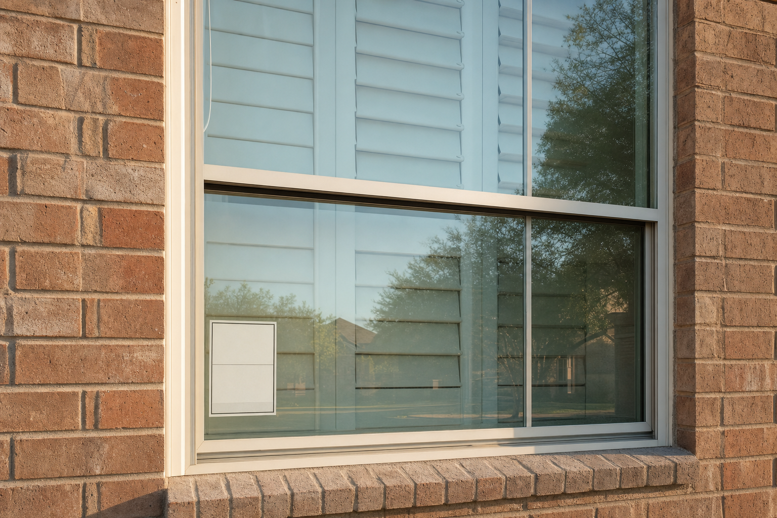 Residential window on a Houston brick home with a blank NFRC-style performance sticker in the lower corner