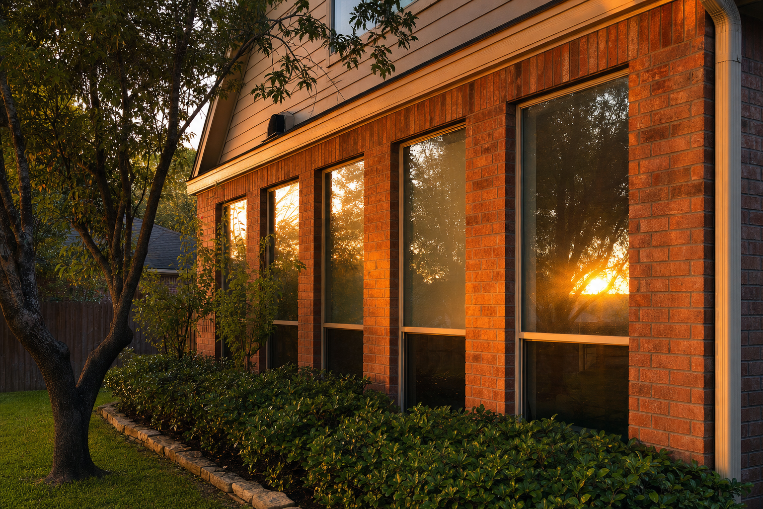 West-facing Houston home wall with tall residential windows in intense late afternoon sun