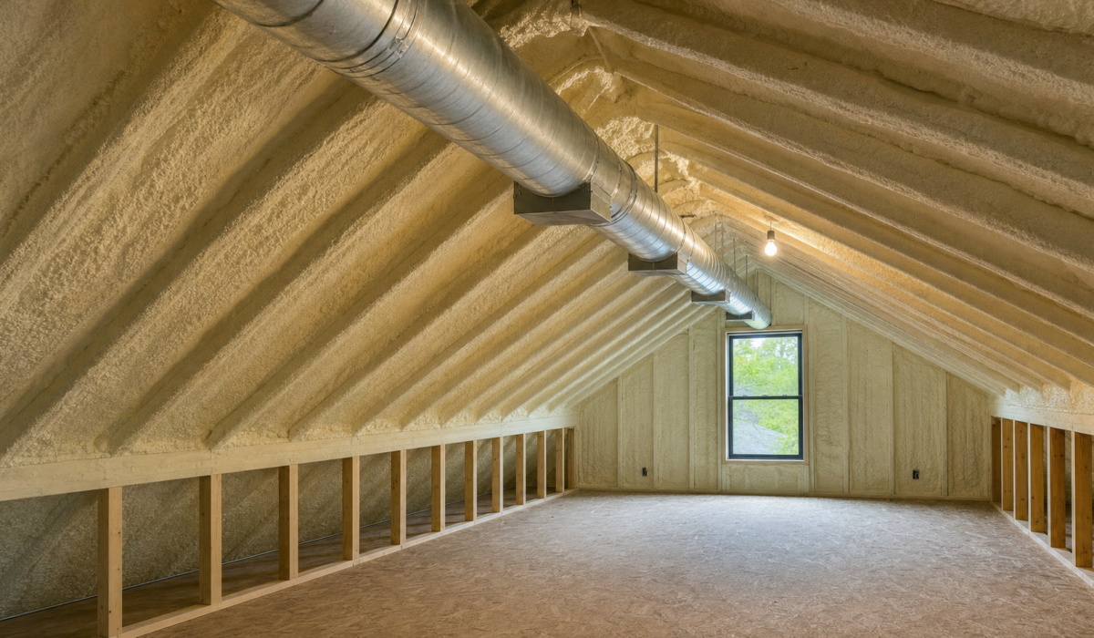 Interior of a Houston residential conditioned unvented attic with tan spray foam on the underside of the roof deck and exposed HVAC duct trunk